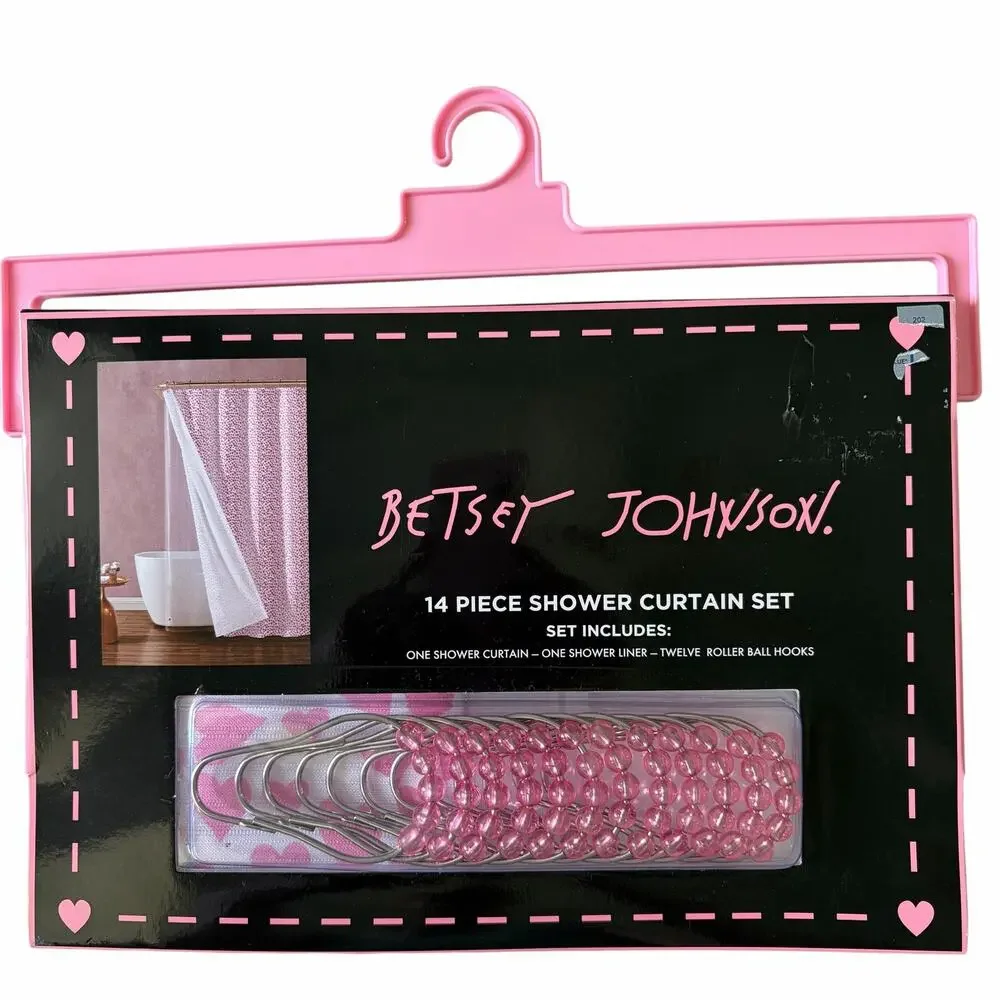 14pc Betsey Johnson Pink HEARTS Shower Curtain Hooks Liner Set 72x72 Valentine